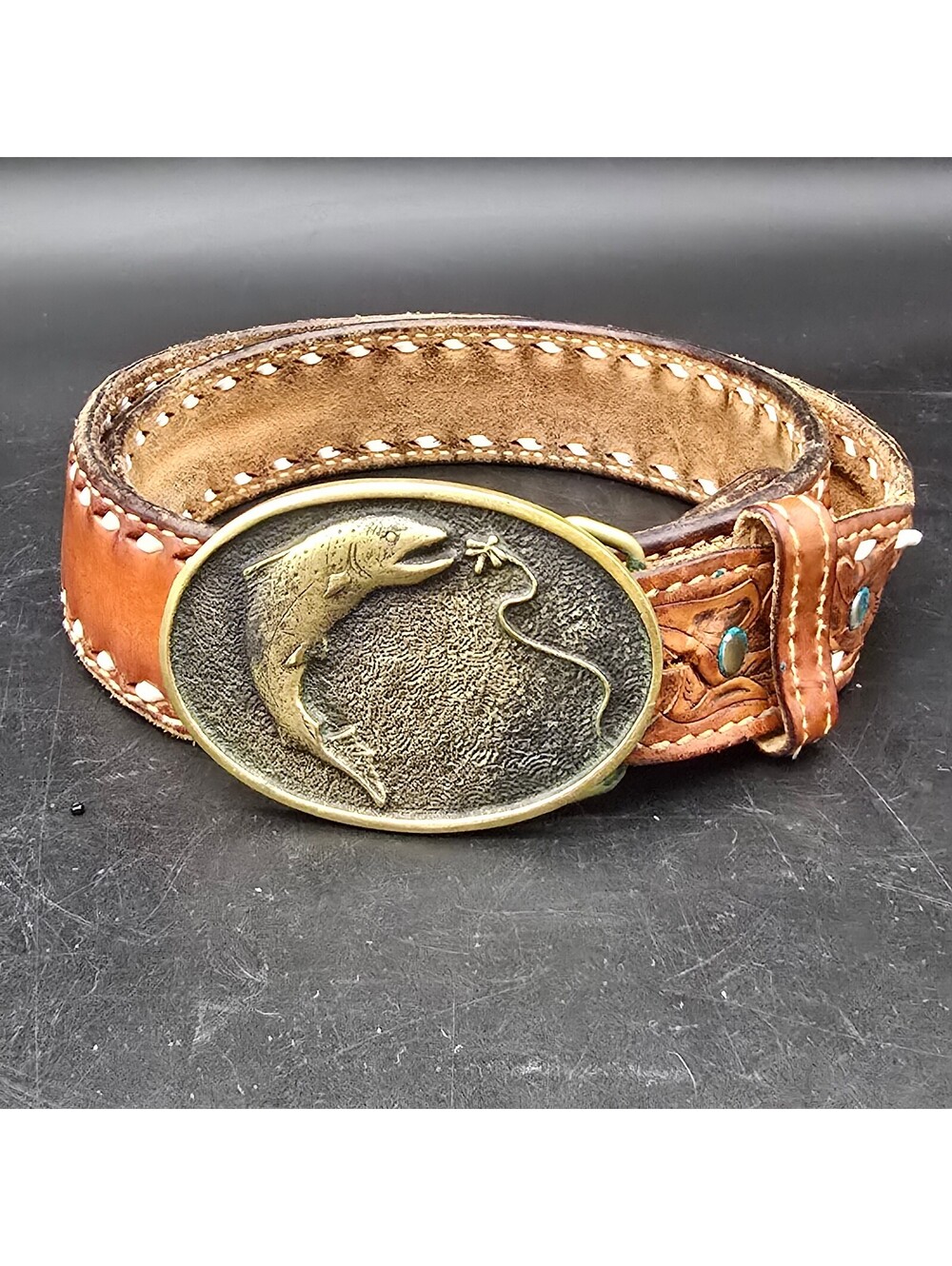 Vintage 1978 BTS Solid Brass Fish Belt Buckle Hand Tool Leather Belt Buckstitch